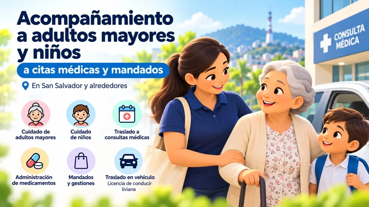 Acompañamiento a adultos mayores y niños a citas médicas y mandados en San Salvador, foto 1 de 1